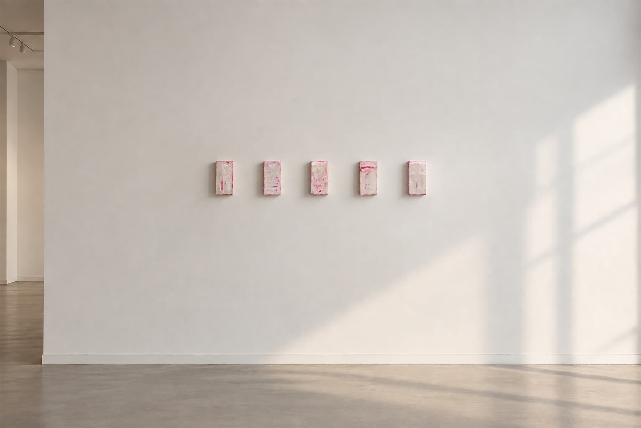 Five bricks hung in a line along a gallery wall, afternoon light across the floor