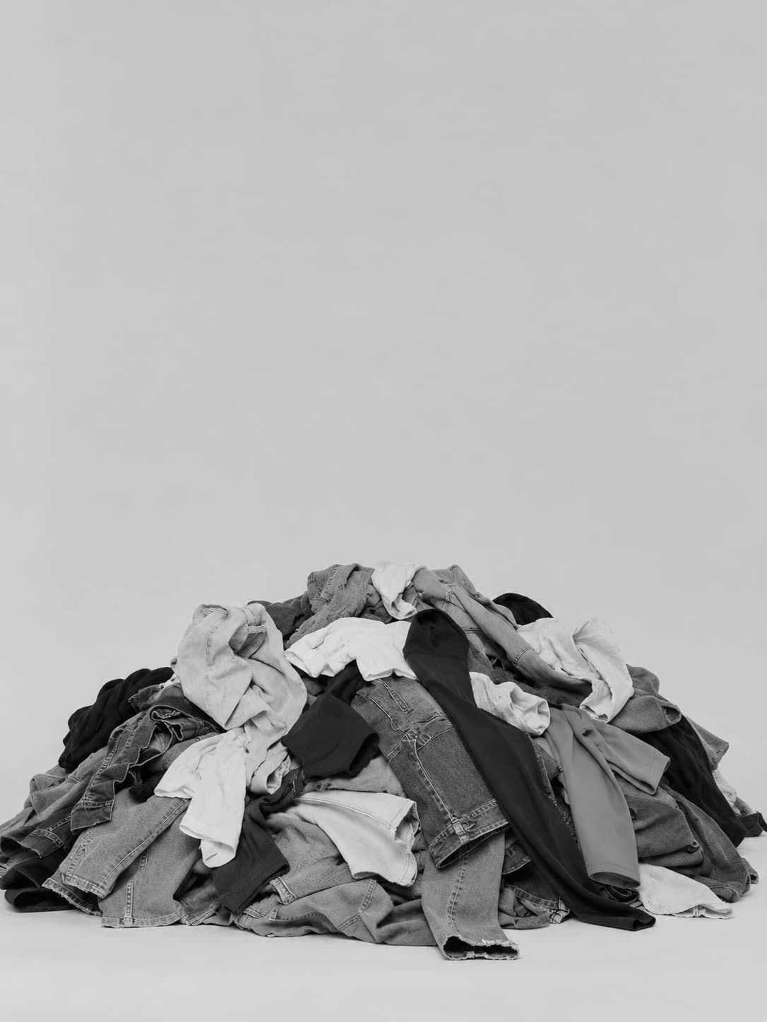 A heap of discarded clothes standing on a pale ground